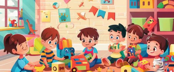 kids-kindergarten-play-their-favorite-toys-against-background-vector-cartoon-illustration-339818528